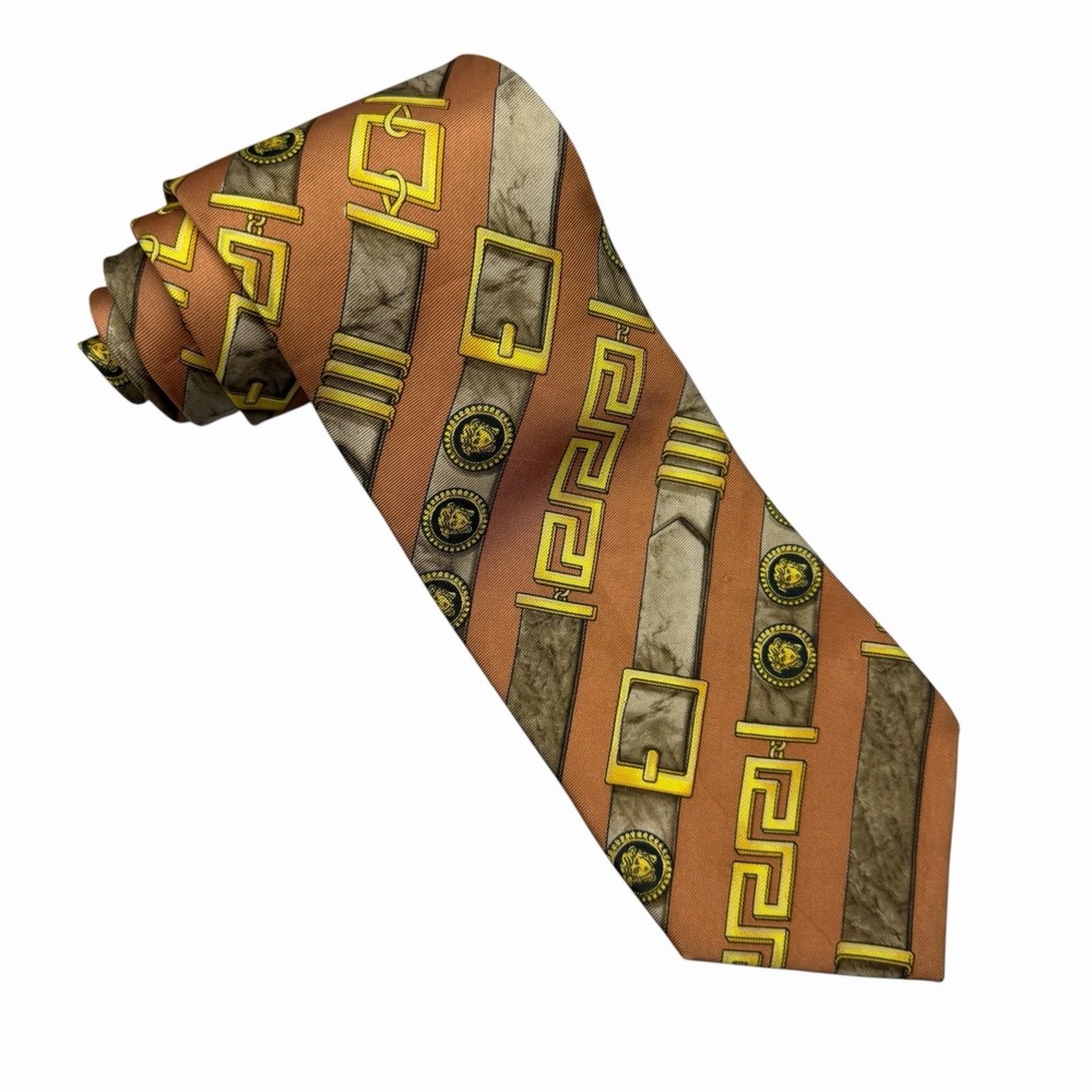 Gianni Versace Men's Tie Baroque Greek Key Medusa Belts Orange Silk 3.75" x 61"